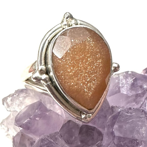 Peach Moonstone Faceted Teardrop Sterling Silver Ring - Picture 1 of 16
